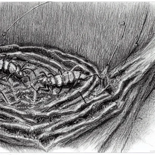 Nursery ants feeding hungry larvae in a chamber of the ant hill，Pencil Sketch