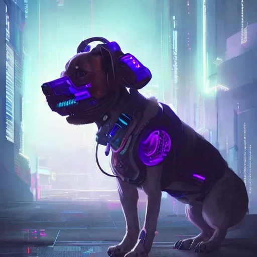 a beautiful portrait of a cute cyberpunk dog by greg rutkowski and wlop, purple blue color scheme, high key lighting, digital art, highly detailed, fine detail, intricate, ornate, complex