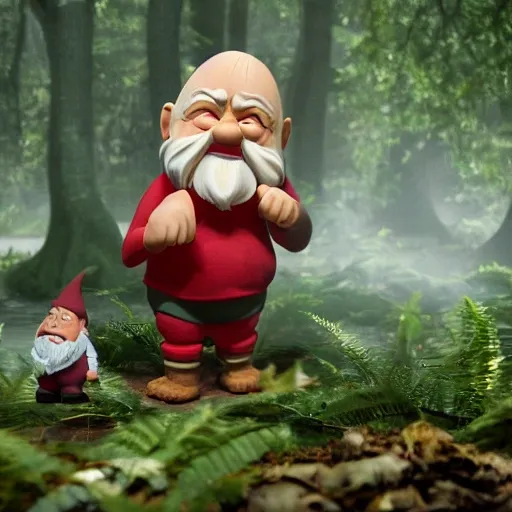 in the foreground a wrinkled but muscular old gnome, with red long johns, big ears and a large elongated nose, emerging among large green ferns in a dark forest of oak and beech trees next to a small crystal clear creek, Cartoon