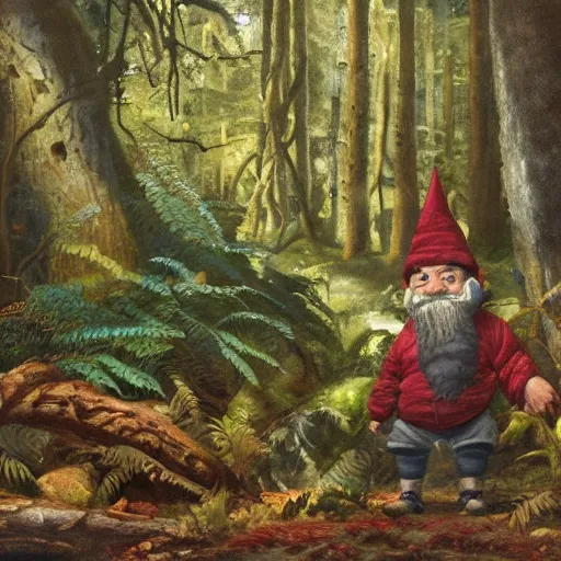 in the foreground a wrinkled but muscular old gnome, with red long johns, big ears and a large elongated nose, emerging among large green ferns in a dark forest of oak and beech trees next to a small crystal clear creek, Oil Painting