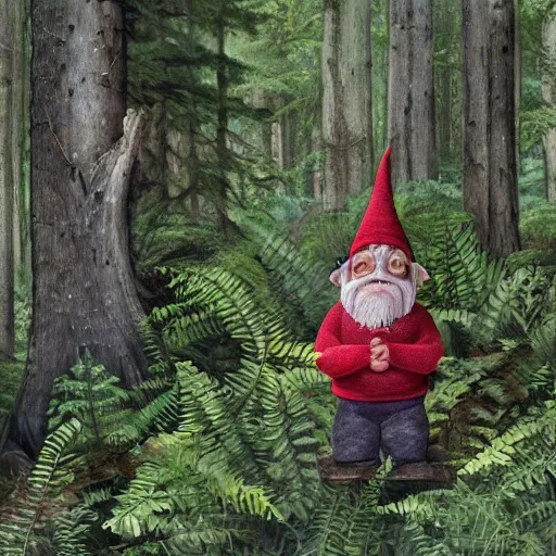 in the foreground a wrinkled but muscular old gnome, with red long johns, big ears and a large elongated nose, emerging among large green ferns in a dark forest of oak and beech trees next to a small crystal clear creek, Water Color