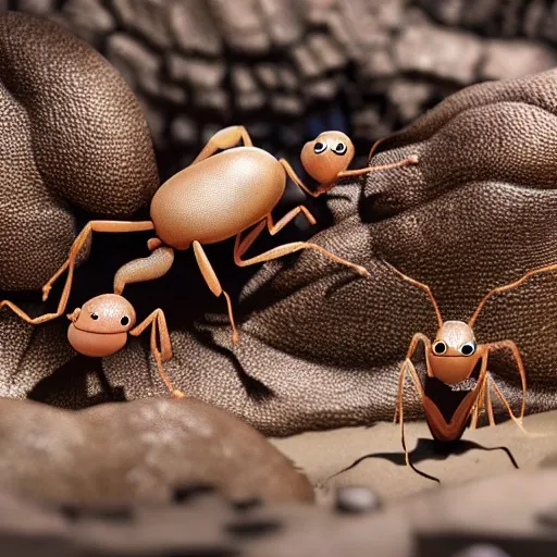 Surviving ant caretakers The picture shows a sunlight breeding ground, where many larvae lie in the mud, some of which have died. The surviving caretaker ants hold larvae in their palms, trying to protect them. The caretaker ants have firm and sad expressions. They sacrifice their lives to save the next generation.pixar disney 4 k 3 d render movie oscar winning trending on artstation and behance. ratatouille style. 