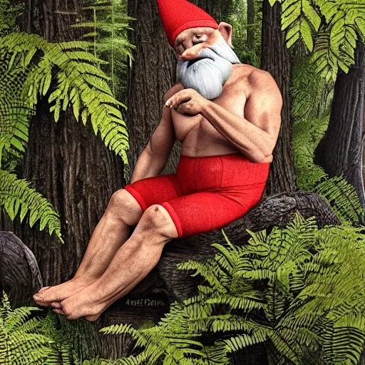 in the foreground a wrinkled but muscular old gnome, with red long johns, big ears and a large elongated nose, emerging among large green ferns in a dark forest of oak and beech trees next to a small crystal clear creek, 3D, Pencil Sketch