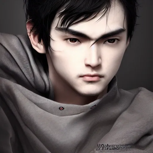 Ruan Jia, ultra realistic, highly detailed face, black hair, perfect eyes, symmetry,  young Japanese male, 4K, vibrant colors, 3d render 