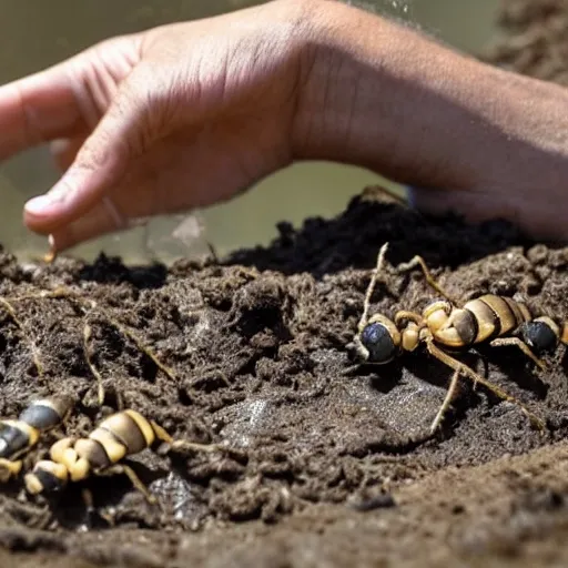 The picture shows the corpses of larvae scattered in the mud in the sunlight breeding ground, some of which have turned black and moldy. Water is still flowing, and the site looks wet and muddy. A caretaker ant is holding two larvae standing in the corner. It presses the larvae tightly against its chest with its palms, looking nervous and determined, as if ready to fight anyone who tries to harm the larvae. Another caretaker ant is carefully moving some larvae out of the water, with a relieved expression on its face. Other caretaker ants in the background are also working hard to try to rescue more larvae.pixar disney 4 k 3 d render movie oscar winning trending on artstation and behance. ratatouille style. 