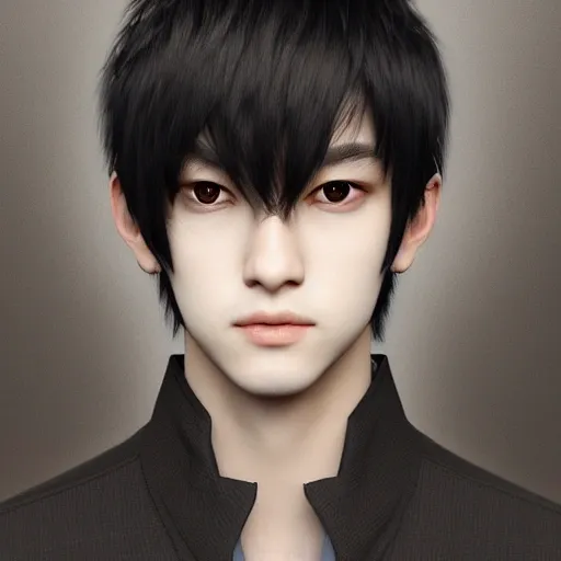 Ruan Jia, ultra realistic, highly intricate face details, black hair, perfect eyes, symmetry, young Japanese male, 4K, k pop, vibrant colors, ultra 3d render, night, bangs, fringe,