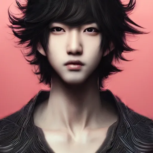 Ruan Jia, ultra realistic, highly intricate face details, black hair, perfect eyes, symmetry, young Japanese male, 4K, k pop, vibrant colors, ultra 3d render, night, bangs, fringe, curly hair