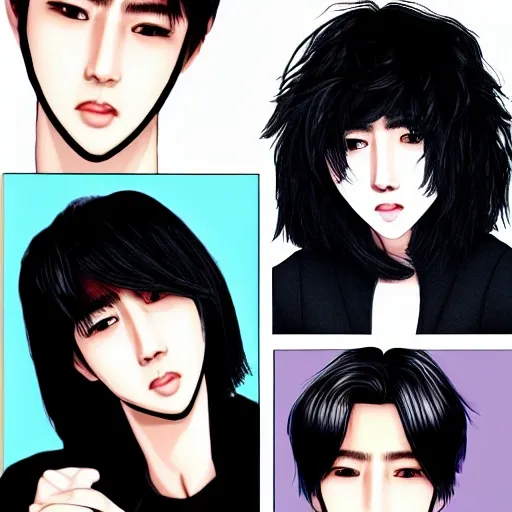 k pop, male, black hair, highly detailed face, slim, ultra resolution, 4k, ultra realistic, vibrant colors, dark background, bangs, fringe, tall, masculine