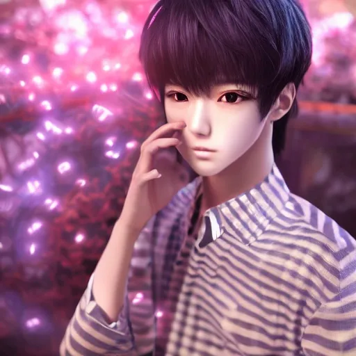 k pop, 3d anime style, doll like, absurdly cute Japanese male, an ultrafine hyperrealistic render, intricate linework, unreal engine highly rendered, global illumination, radiant light, intricate detailed face, 4K, realistic shadows, looking at you, vibrant colors, perfect symmetrical eyes, night, 