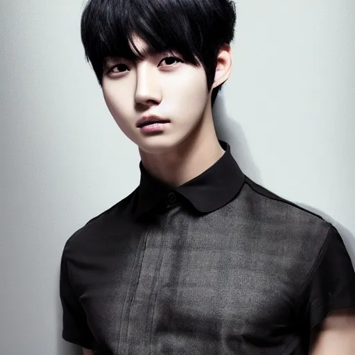 k pop, male, black hair, life like, highly detailed face, slim, ultra resolution, 4k, ultra realistic, vibrant colors, dark background, bangs, fringe, tall, masculine