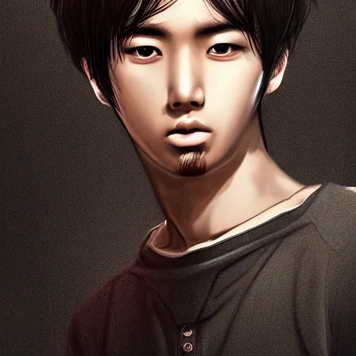 k pop, male, black hair, life like, highly detailed face, slim, ultra resolution, 4k, ultra realistic, vibrant colors, dark background, bangs, fringe, tall, masculine