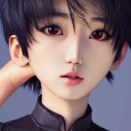 k pop, 3d anime style, absurdly cute korean male, doll like, short black hair, an ultrafine hyperrealistic render, intricate linework, unreal engine highly rendered, global illumination, radiant light, intricate detailed face, 4K, realistic shadows, looking at you, vibrant colors, perfect symmetrical eyes, night, 