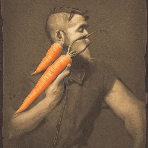 Man eating a carrot sitting on a horse
