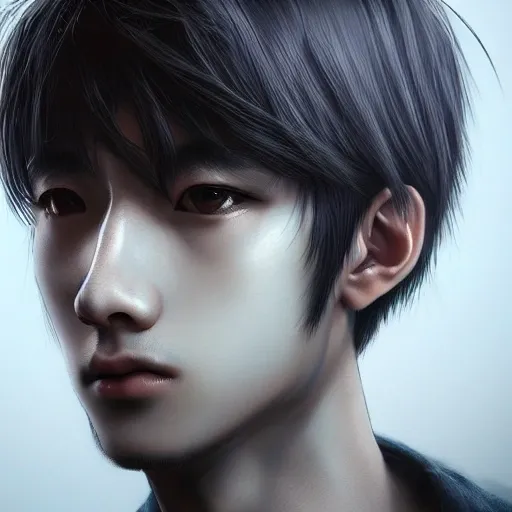 Ruan Jia, young korean male, ultra realistic, highly intricate face details, black hair, perfect eyes, symmetry,  4K, k pop, vibrant colors, ultra 3d render, night, bangs, full face