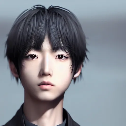 realistic anime, k pop, young korean male, black hair, life like, highly detailed face, close up, 4k, looking at camera, mystery, sly, perfect symmetrical, perfect symmetrical eyes, 3d ultra render, night, full face