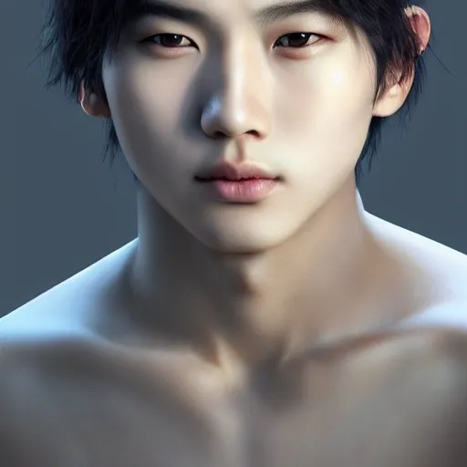 Ruan Jia, young korean male, ultra realistic, highly intricate face details, black hair, perfect eyes, symmetry,  4K, k pop, vibrant colors, ultra 3d render, night, bangs, full face