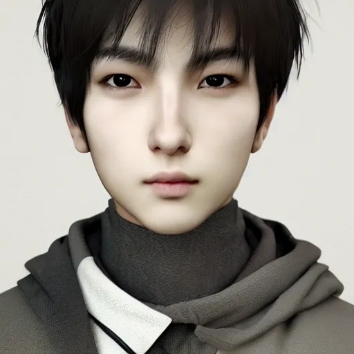 Ruan Jia, young korean male, ultra realistic, highly intricate face details, black hair, perfect eyes, symmetry,  4K, k pop, vibrant colors, ultra 3d render, night, bangs, full face