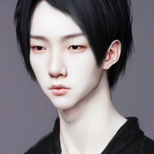 Ruan Jia, young korean male, ultra realistic, highly intricate face details, black hair, perfect eyes, symmetry,  4K, k pop, vibrant colors, ultra 3d render, night, bangs, full face