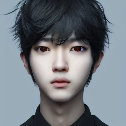 Ruan Jia, young korean male, ultra realistic, highly intricate face details, black hair, perfect eyes, symmetry,  4K, k pop, vibrant colors, ultra 3d render, night, bangs, full face, sfw