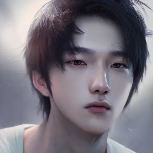 Ruan Jia, young korean male, ultra realistic, highly intricate face details, black hair, perfect eyes, symmetry,  4K, k pop, vibrant colors, ultra 3d render, night, bangs, full face, sfw