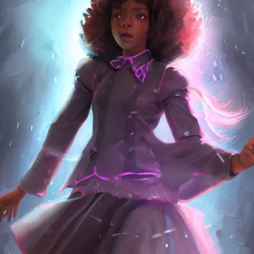 a realistic portrait of an innocent young black teen girl, d&d magic fantasy, dark magical school student uniform, light curly hair, casting a bright large-scale magical spell around herself, overflowing energy, highly detailed, digital painting, trending on artstation, pixiv, concept art, sharp focus, illustration, art by Ross Tran and Greg Rutkowski and Walt Disney animation

