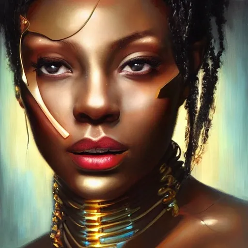 Facial portrait of a gorgeous cyberpunk negro woman, looking away from the camera, with a seductive smile, gold jewelry, an elegant revealing intricate dress, sparkle in her eyes, lips slightly parted, long flowing hair, no hands visible, diamonds, science fiction, delicate, teasing, arrogant, defiant, bored, mysterious, intricate, extremely detailed painting by Mark Brooks (and by Greg Rutkowski), visible brushstrokes, thick paint visible, no light reflecting off paint, vibrant colors, studio lighting