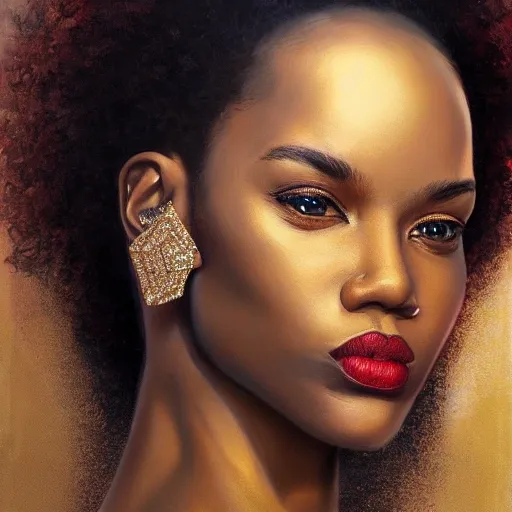 Facial portrait of a gorgeous Afropunk woman, looking away from the camera, with a seductive smile, gold jewelry, an elegant revealing intricate dress, sparkle in her eyes, lips slightly parted, long flowing hair, no hands visible, diamonds, science fiction, delicate, teasing, arrogant, defiant, bored, mysterious, intricate, extremely detailed painting by Mark Brooks (and by Greg Rutkowski), visible brushstrokes, thick paint visible, no light reflecting off paint, vibrant colors, studio lighting