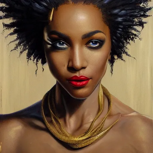 Facial portrait of a gorgeous Afropunk light-skinned black woman, looking away from the camera, with a seductive smile, gold jewelry, an elegant revealing intricate dress, sparkle in her eyes, lips slightly parted, long flowing hair, no hands visible, diamonds, science fiction, delicate, teasing, arrogant, defiant, bored, mysterious, intricate, extremely detailed painting by Mark Brooks (and by Greg Rutkowski), visible brushstrokes, thick paint visible, no light reflecting off paint, vibrant colors, studio lighting