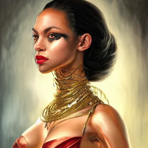 Facial portrait of a gorgeous cyberpunk mixed raced woman, looking away from the camera, with a seductive smile, gold jewelry, an elegant revealing intricate dress, sparkle in her eyes, lips slightly parted, long flowing hair, no hands visible, diamonds, science fiction, delicate, teasing, arrogant, defiant, bored, mysterious, intricate, extremely detailed painting by Mark Brooks (and by Greg Rutkowski), visible brushstrokes, thick paint visible, no light reflecting off paint, vibrant colors, studio lighting