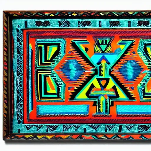 Neon and shadowy Aztec symbols forming a rectangular frame, with intricate details and touches of blood on some of them, reflecting a meticulously detailed Aztec aesthetic.
