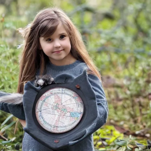 a little girl with a little magic gray cat , the girl holding a magic map