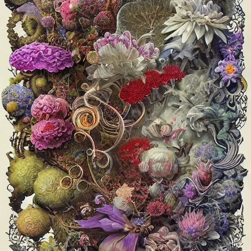 an ultra hd detailed painting of many different types of flowers by Android Jones, Earnst Haeckel, James Jean. behance contest winner, generative art, Baroque, intricate patterns, fractalism, rococo