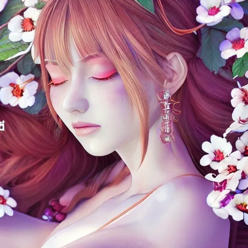 the portrait of the absurdly beautiful, graceful, elegant, gorgeous, fashionable photorealistic anime european woman made of cherries and white petals with tears, an ultrafine hyperrealistic illustration by kim jung gi, irakli nadar, intricate linework, bright colors, octopath traveler, final fantasy, unreal engine highly rendered, global illumination, radiant light, intricate environment, HD, 8k, EXTREME DETAIL
