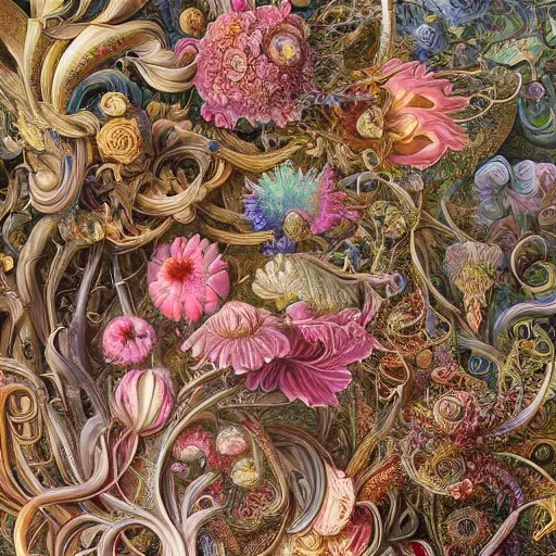 an ultra hd detailed painting of many different types of flowers by Android Jones, Earnst Haeckel, James Jean. behance contest winner, generative art, Baroque, intricate patterns, fractalism, rococo, 8k, high definition