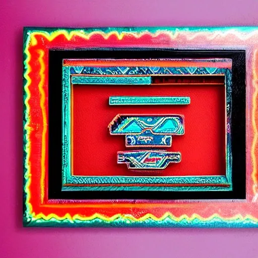 Create a detailed 4k image with Aztec symbols in the form of a frame for decoration. The image should include the Miquiztli, Ácatl, Quetzalcóatl and Coatl symbols in neon style with colors like red, black and blue. An abstract design is sought, and some of the symbols must include elements of blood in their representatio