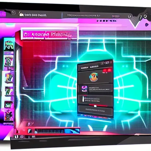 Create a futuristic Aztec-style overlay in neon colors (red, blue, and black) for streaming. The overlay should have a general framework for the broadcast screen, including a chat box on the right side and a game window on the left side. Below the game window, there should be a dedicated space to display alerts (such as donations, new followers, etc.). The overlay elements should combine the Aztec style with a futuristic approach.