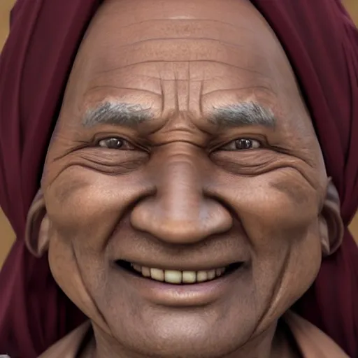 Hyper realistic an old monk, smiling face, skin brown, eyes brown, age 75, cloths dark maroon 8k
