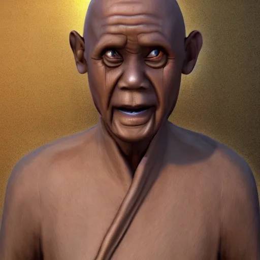 Hyper realistic an old man monk, smiling face, skin brown, eyes brown, age 75, cloths dark maroon 8k
, 3D