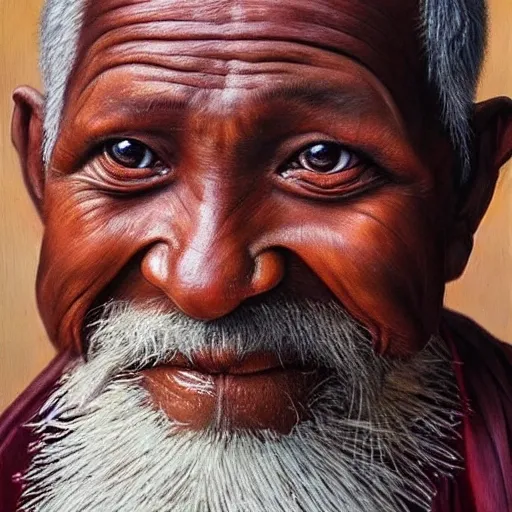 Hyper realistic an old man monk,,skin brown, eyes brown, age 75, cloths dark maroon 8k
, 3D, Oil Painting