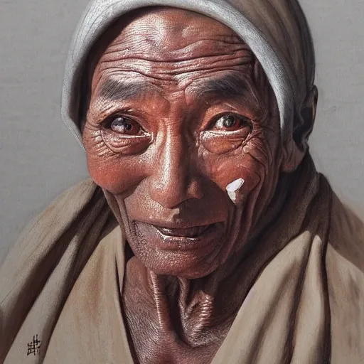 Hyper realistic an old man monk, standing, skin brown, eyes brown, cloths dark maroon 8k
, 3D, , Oil Painting, analyze various images of middle-aged humans and create a portrait that captures the features and nuances of this stage of life., Pencil Sketch