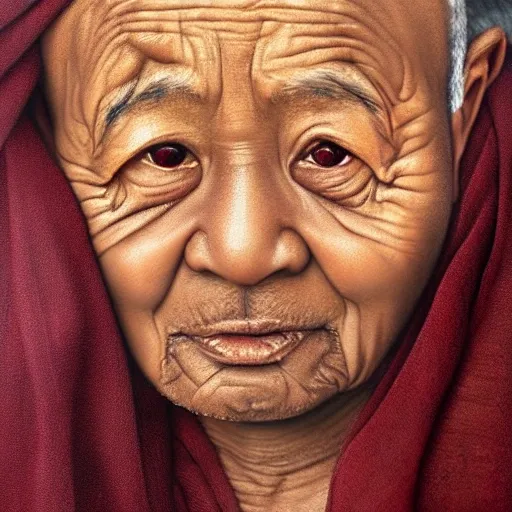 Hyper realistic Portrait of old age monk , skin brown, eyes brown, closeup face, cloths dark maroon 8k , 3D, Oil Painting