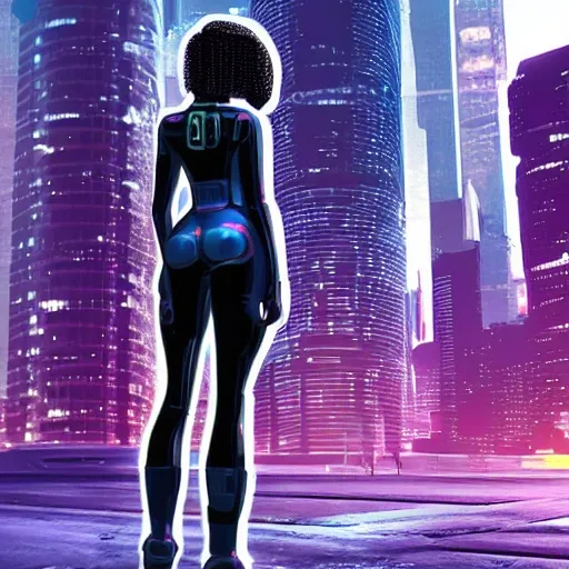 Black girl, sci-fi suit, cyberpunk cityscape
