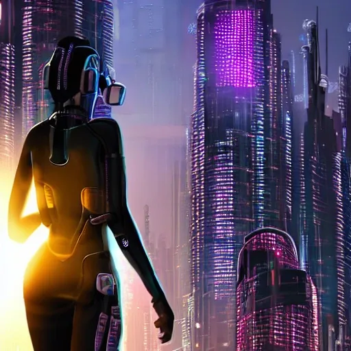 Black girl, sci-fi suit, cyberpunk cityscape