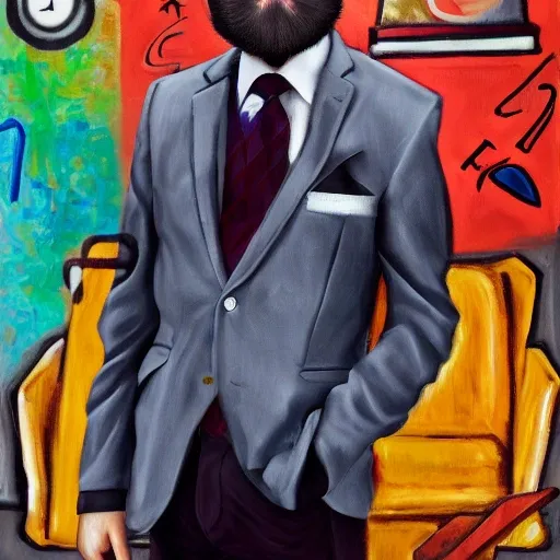 hyper realistic business man, grey blazer, little beard, atractive face, brown eyes
, Trippy, Oil Painting