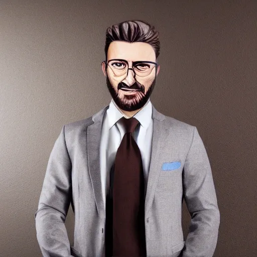 hyper realistic business man, grey blazer, little beard, atractive face, brown eyes
Oil Painting, 3D