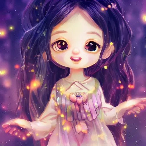 child comic style,glowing ,colloid luminescence,full body shot,highly detailed ,delicate picture,cute 3D  have beautiful facial features,long colorfull hair, ,close up,8K,studio lighting, 3D