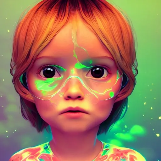 child comic style,glowing ,colloid luminescence,full body shot,highly detailed ,delicate picture,cute 3D  have beautiful facial features,long colorfull hair, ,close up,8K,studio lighting, 3D, Trippy