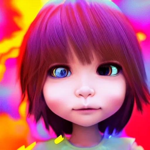 child comic style,glowing ,colloid luminescence,full body shot,highly detailed ,delicate picture,cute 3D  have beautiful facial features,long colorfull hair, ,close up,8K,studio lighting, 3D, Trippy