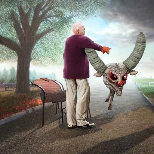 Hyper realistic grandpa in a day out with his dementia demon, photorealistic 8k, 
, 3D, Oil Painting