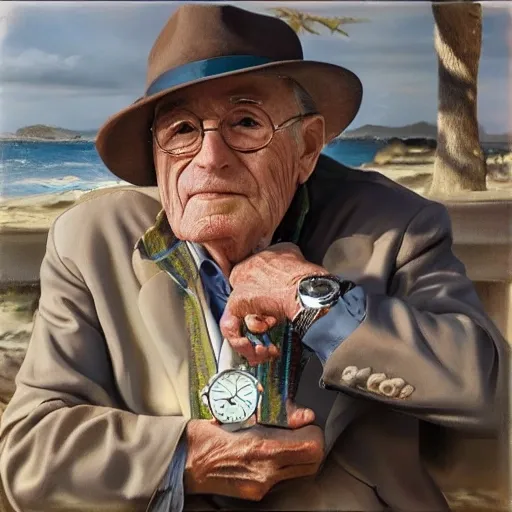 Hyper realistic grandpa in a day out with his watch,8k,  3D, Oil Painting